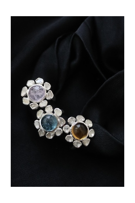 Anillo de diamantes con aguamarina,  cuarzo rosa y cuarzo citrino  en plata. Diseñado por Sandra Bellew.