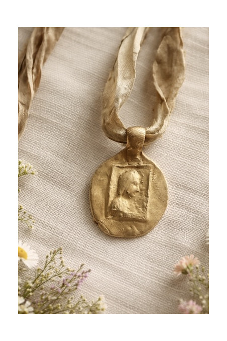 Medalla rústica de la Virgen de Montserrat en latón. Hecha artesanalmente en España por Sandra Bellew.